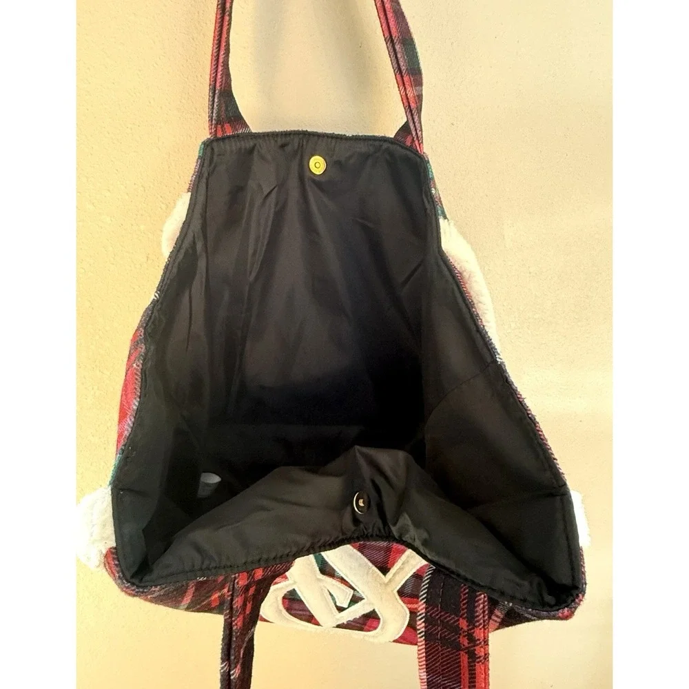 Victoria's Secret VS Faux Fur‎ Sherpa Plaid Flannel Large Tote Bag Purse Red